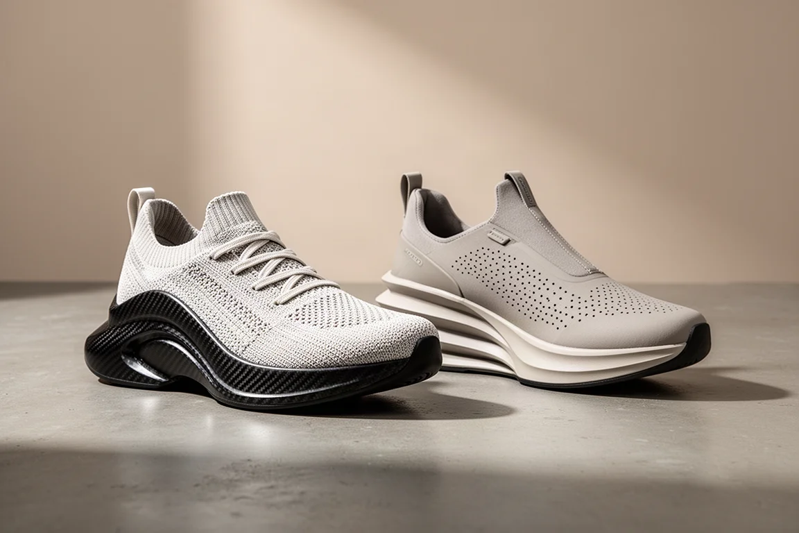 Two carbon plate racing shoes side by side on a concrete surface