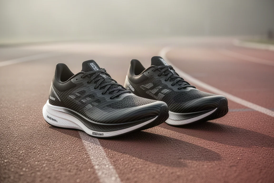 Due scarpe da corsa affiancate su una superficie di pista nella morbida luce del mattino