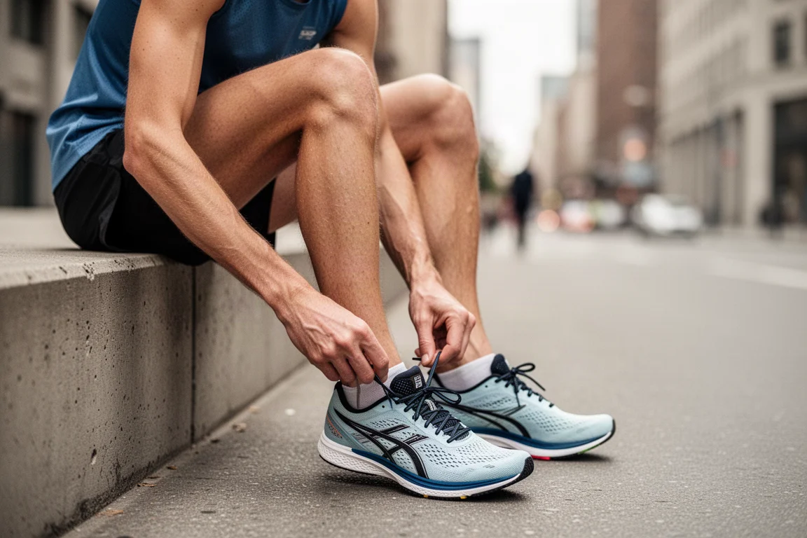 Un runner che allaccia le scarpe da corsa su un marciapiede cittadino