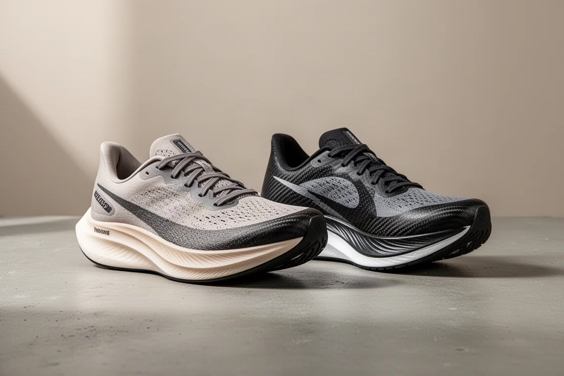 Two racing super shoes side by side on a concrete surface