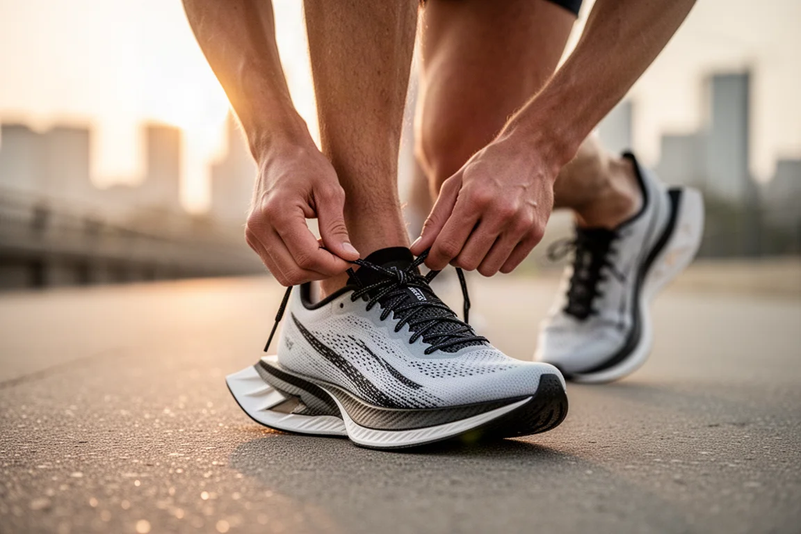 Hardloper doet carbon raceschoenen aan vlak voor een ochtendrun bij zonsopgang