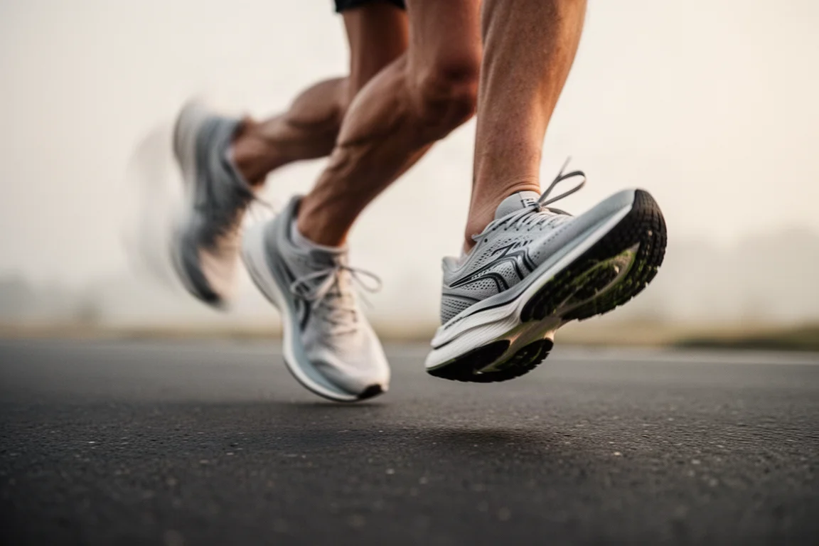 Voeten van een hardloper midden in de pas op glad asfalt tijdens een snelle training