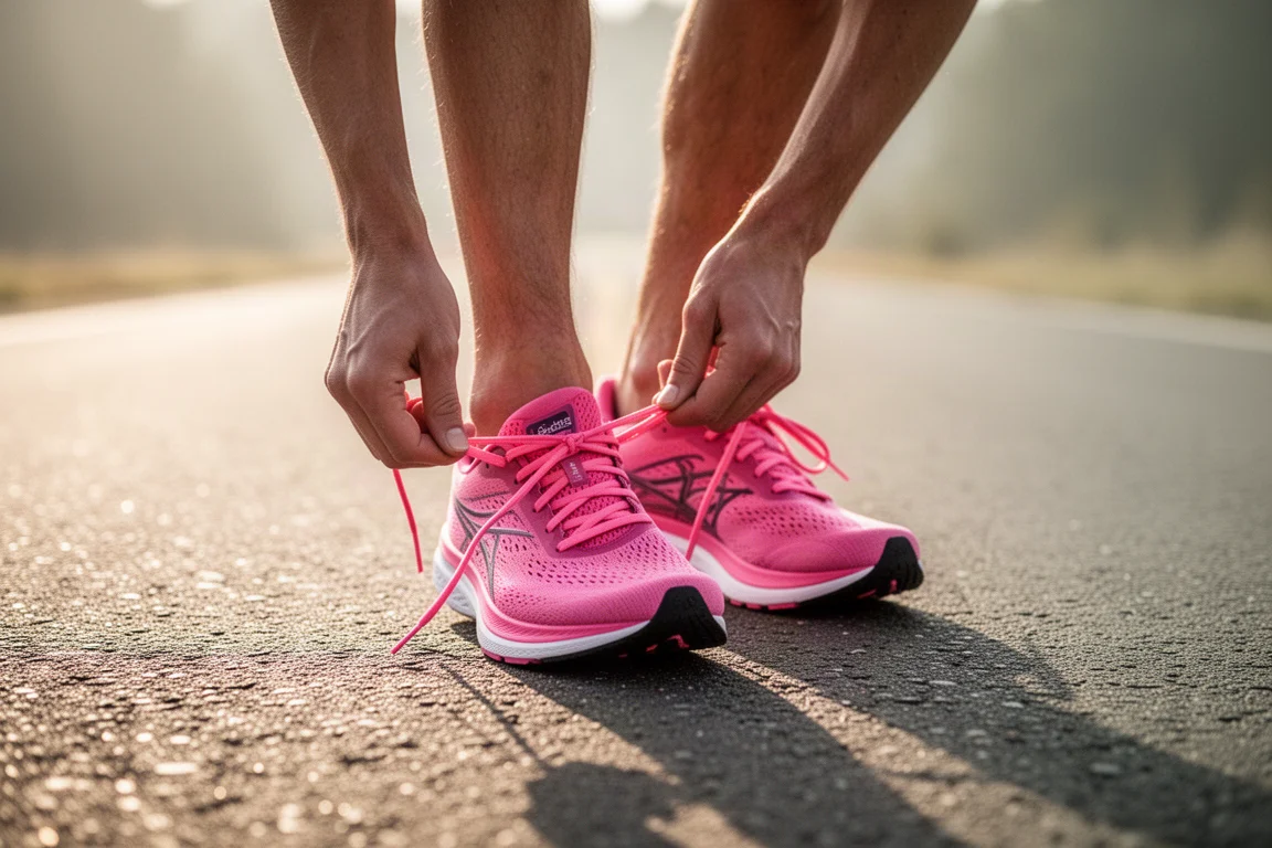 Runner lacing up a pink racing shoe on a sunny road before a training run