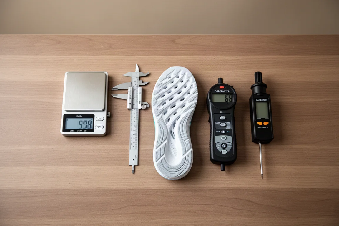 Digital scale and caliper on a desk used to measure running shoe weight