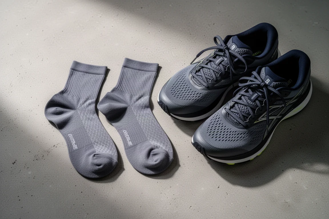 Pair of thin running socks laid flat next to running shoes on concrete