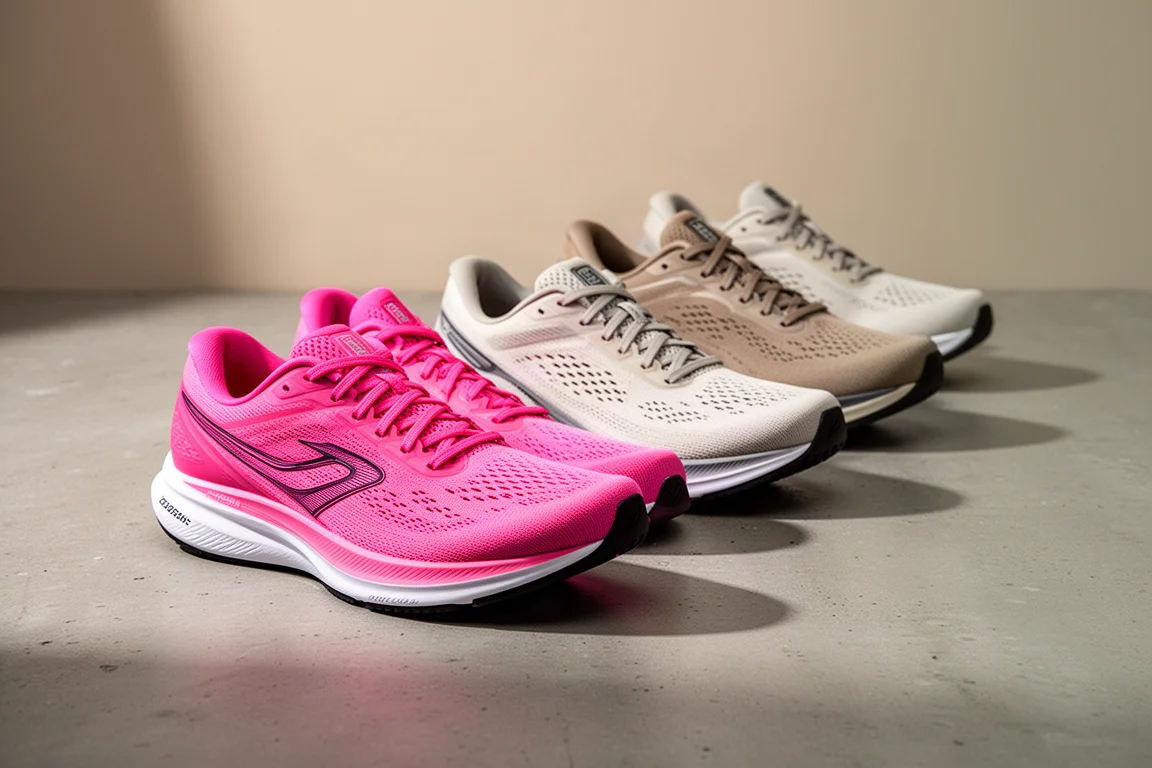 Three generations of Saucony Endorphin Pro racing shoes arranged on concrete