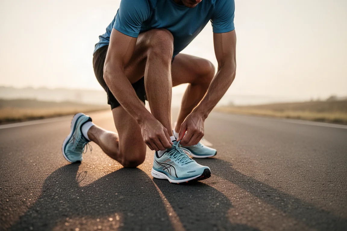 Un runner allaccia scarpe da gara leggere su una strada silenziosa all'alba