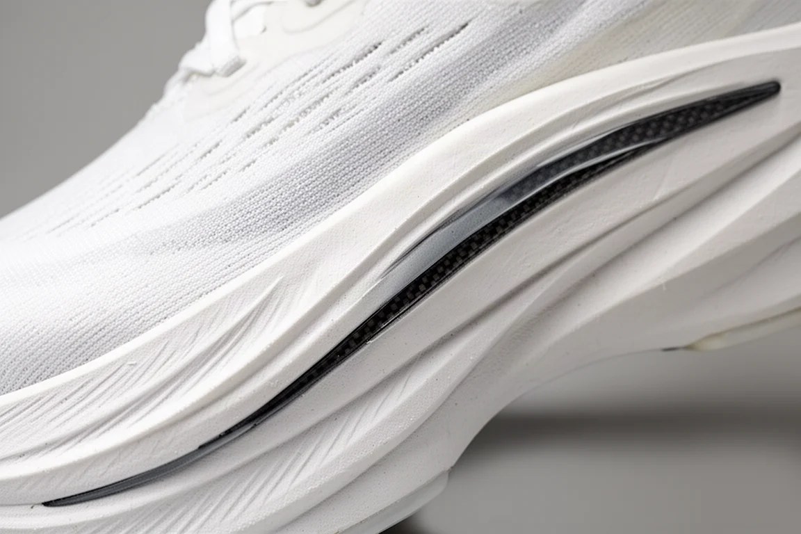 Primo piano della midsole spessa di una scarpa da gara con stack di foam e pareti laterali