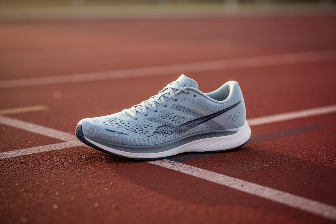 Una scarpa da gara posata su una corsia di atletica nella luce calda della sera