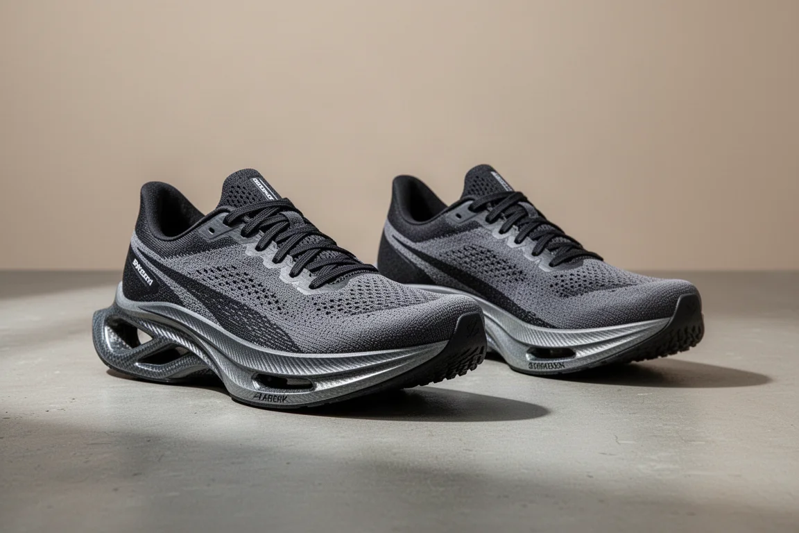 Dwa buty wyścigowe Saucony Endorphin Pro obok siebie na betonowej powierzchni