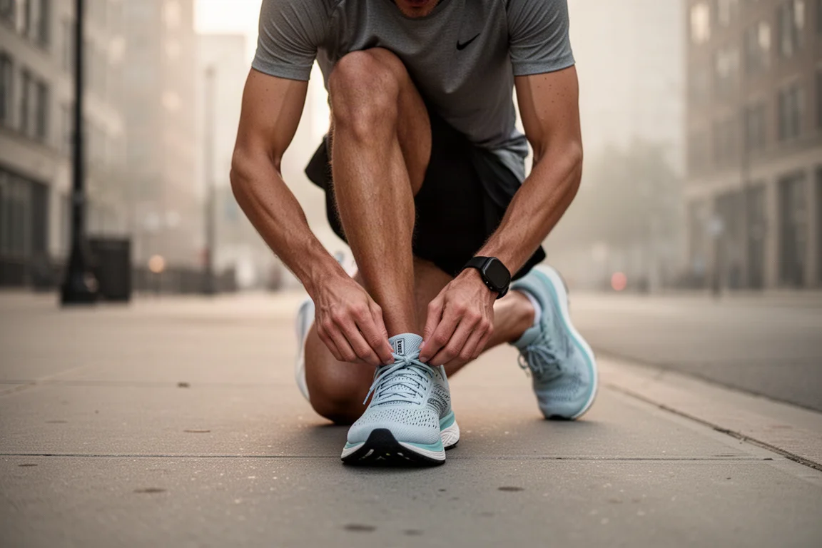 Runner lacing up lightweight road racing shoes on a city sidewalk at dawn