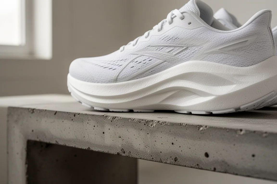 Close-up of a thick responsive running shoe midsole with sidewall geometry