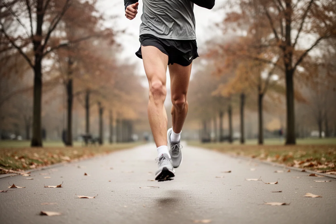 Runner training on a paved park path in soft overcast light