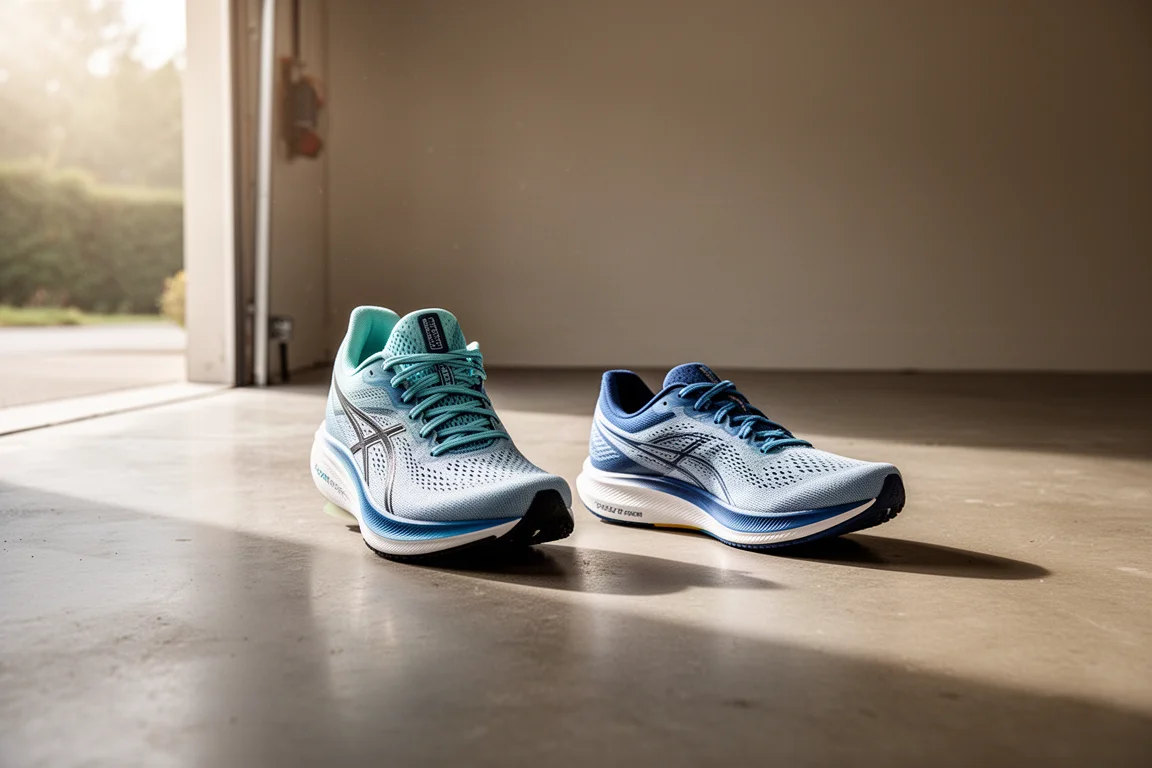 Two running shoes placed side by side on a garage floor before a training session