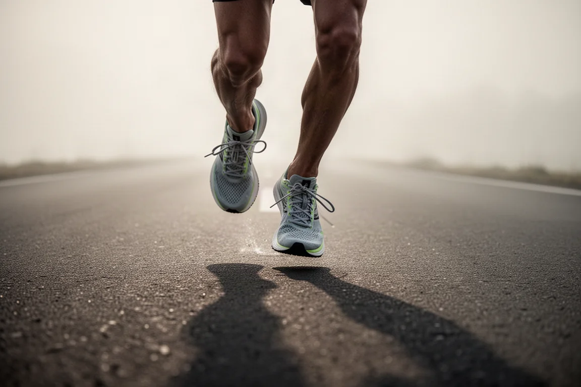 Piedi di un corridore con scarpe da gara su strada asfaltata durante una sessione di tempo alla mattina presto
