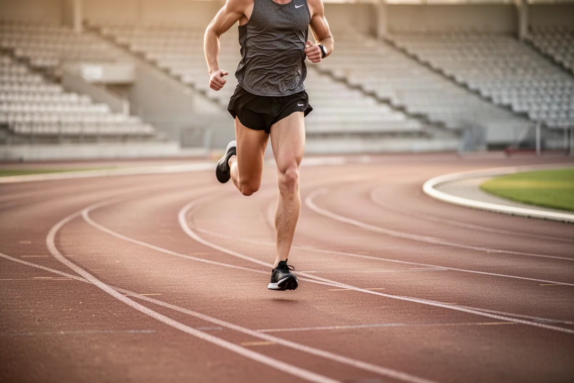 Atleta su pista a metà ripetizione durante una sessione di intervalli su una pista outdoor
