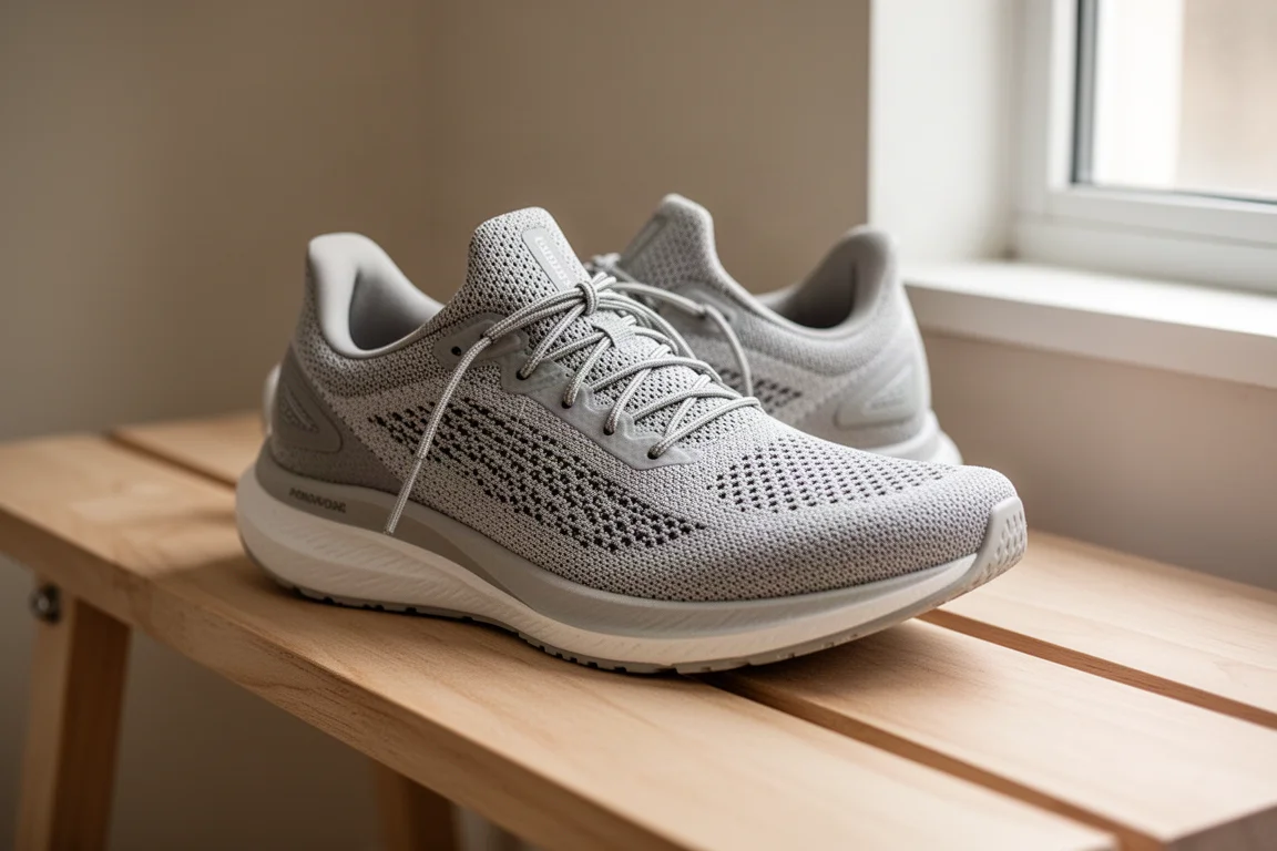 Tomaia di una scarpa da running allacciata che mostra la costruzione sottile in un unico pezzo