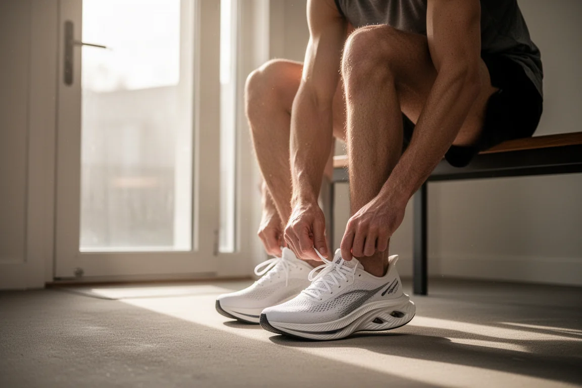 Nahaufnahme eines Läufers, der vor dem Training einen leuchtend orangefarbenen Carbon-Schuh schnürt