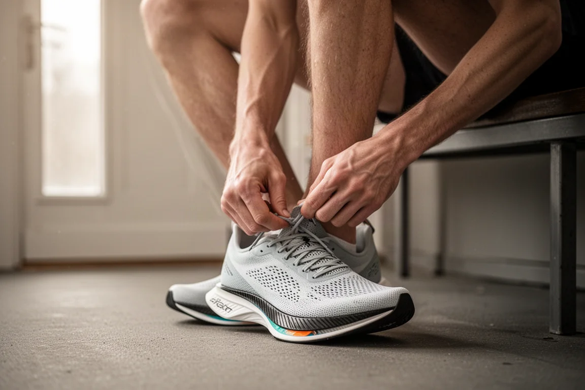 Runner lacing up a lightweight carbon-plated racing shoe before a morning run