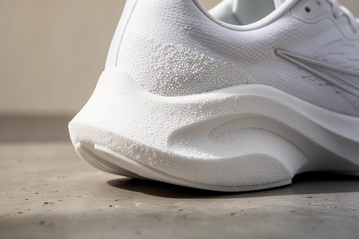 Close-up of beaded PEBA midsole foam on a racing shoe heel