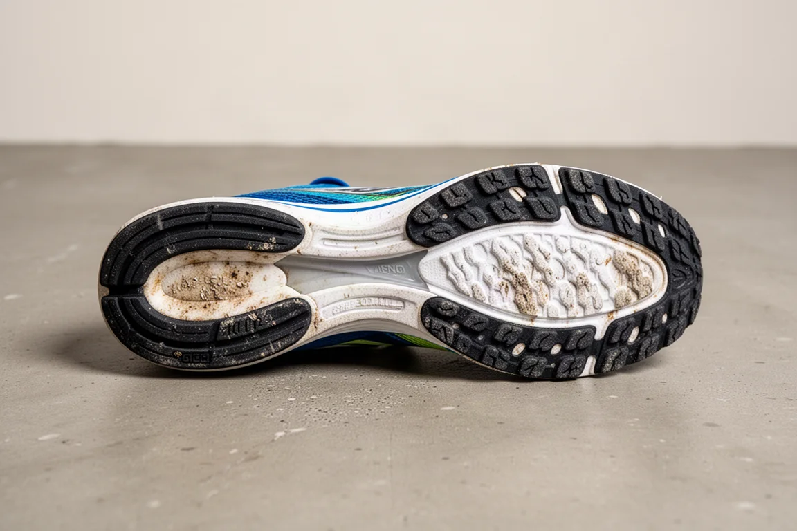 Worn rubber outsole of a racing shoe showing heel wear after 200 miles