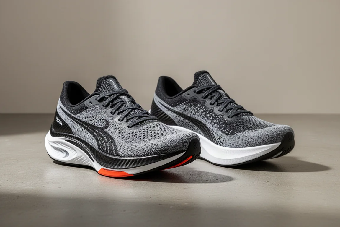 Two carbon-plated marathon racing shoes side by side on a concrete surface