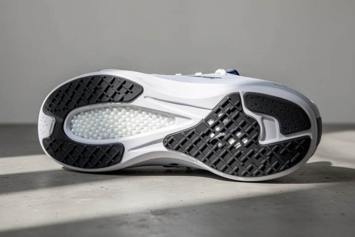 Close-up of a racing shoe midsole showing layered foam and outsole rubber
