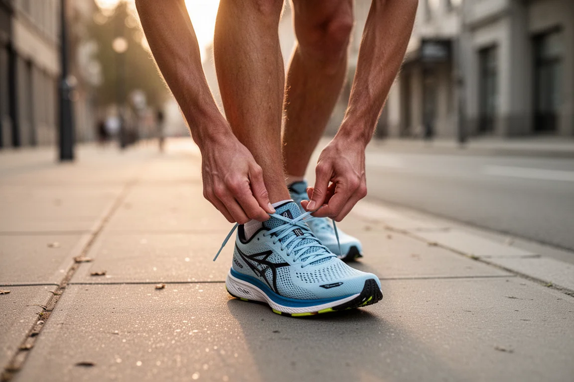 Runner lacing up a racing shoe on a quiet city street before a morning run