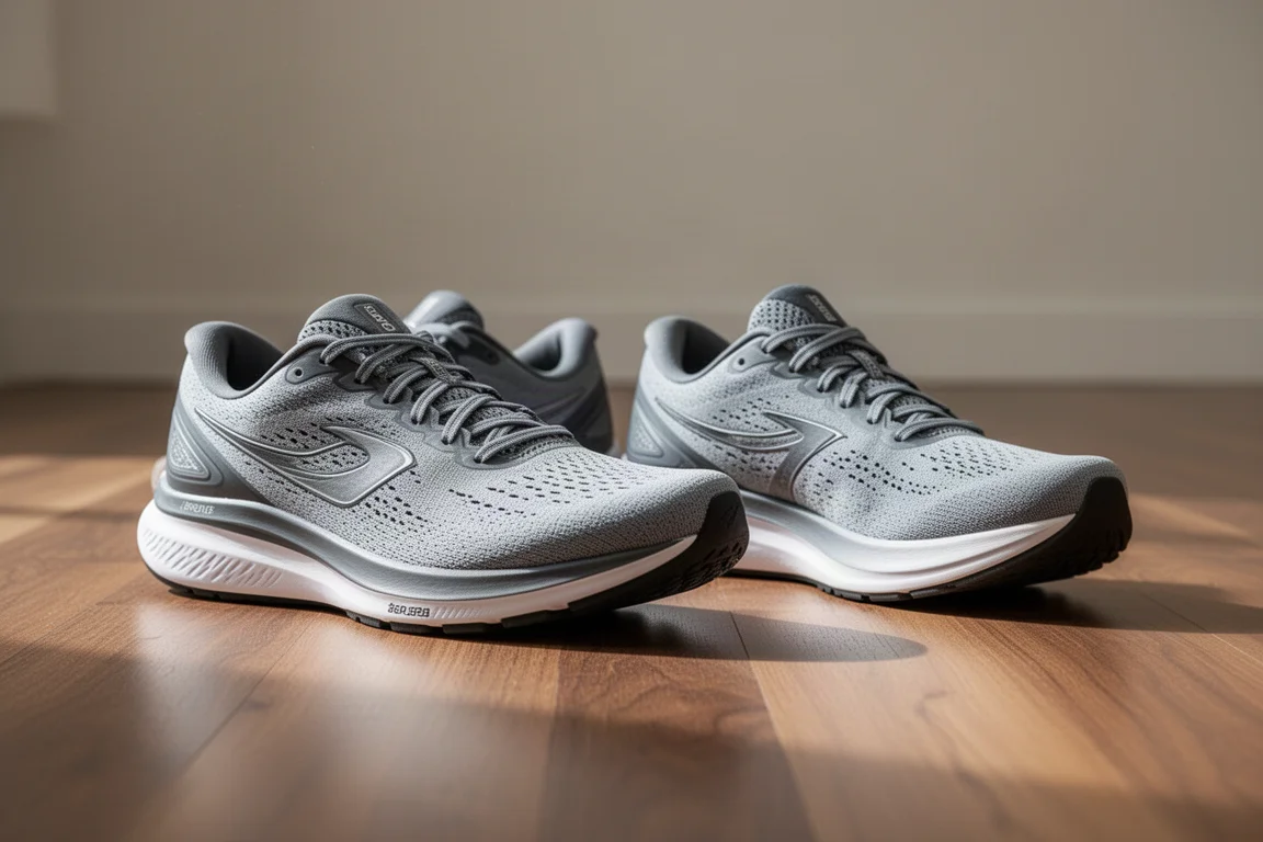 Two running shoes side by side on a wooden floor for comparison