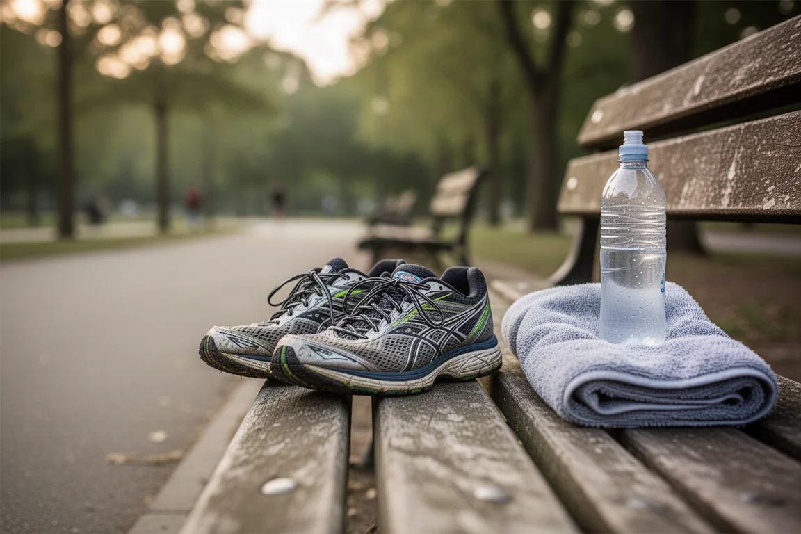 Runner stretching on a bench after a long run with shoes nearby
