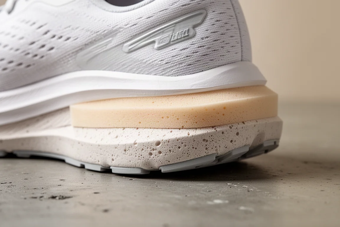 Primer plano de la mediasuela esculpida de una zapatilla de competición mostrando una construcción de doble capa de espuma