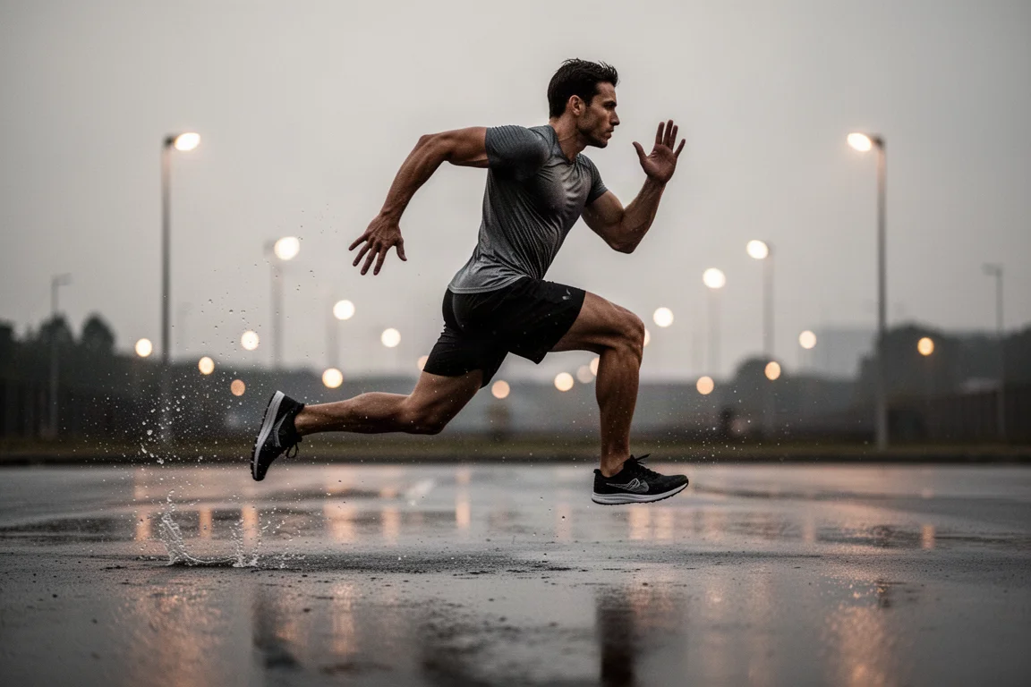 Atleta esprintando en una carretera mojada durante una sesión de series al anochecer