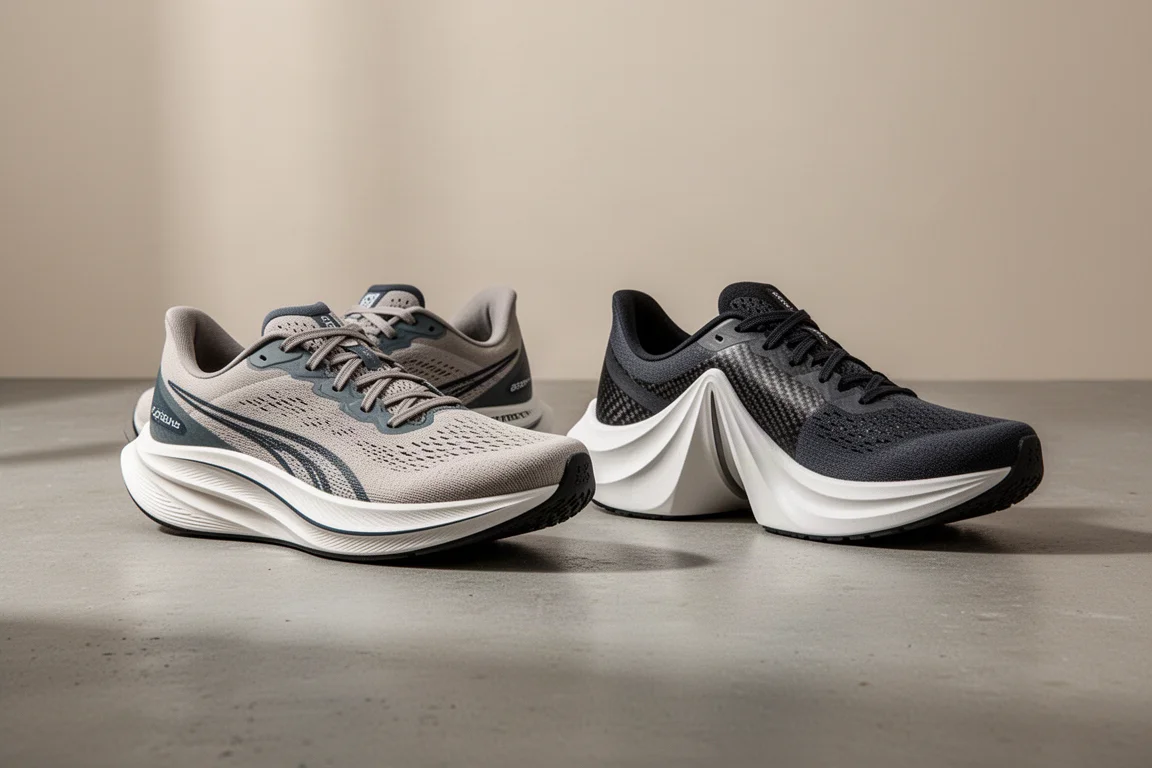 Saucony Endorphin Pro 4 與 Mizuno Wave Rebellion Pro 2 競賽鞋並排放在水泥地上