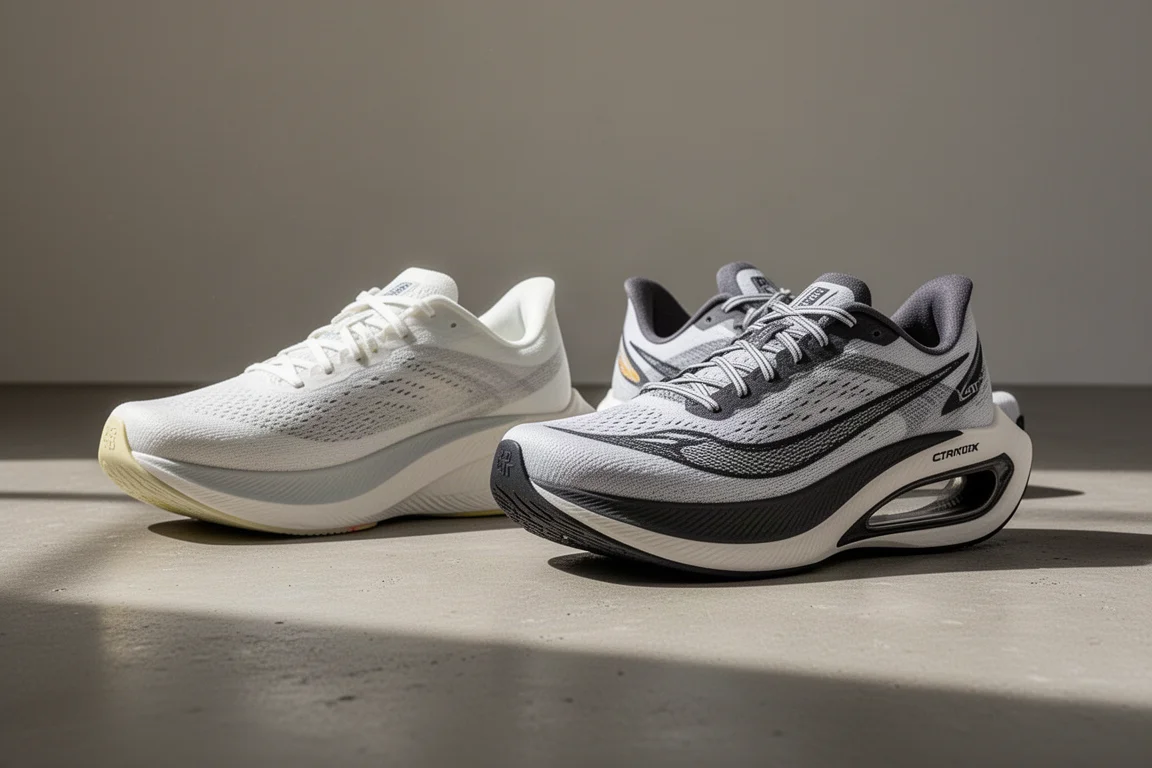 Two carbon-plated racing shoes side by side on a concrete surface