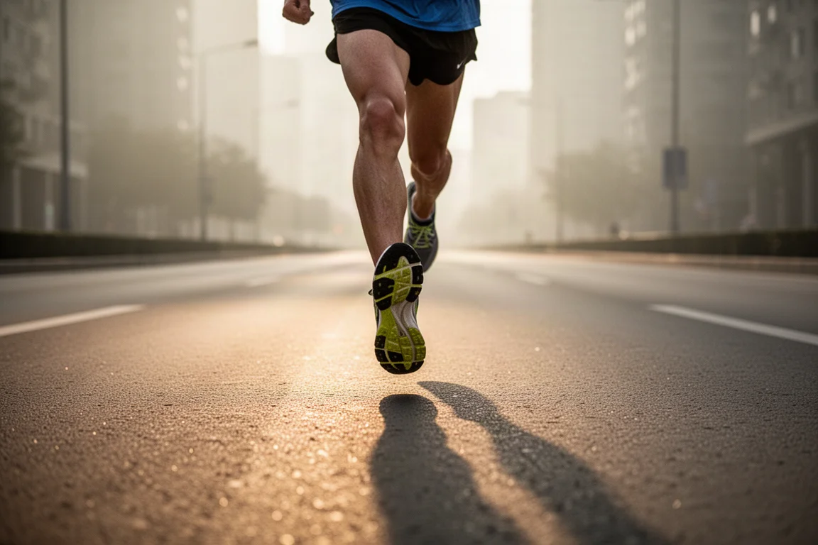 Runner mid-stride on a city road during an early morning workout