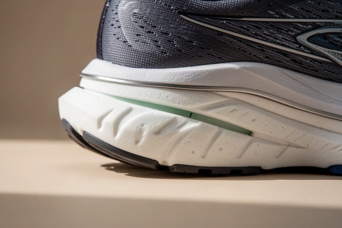 Close-up of a running shoe midsole showing foam layering and plate structure