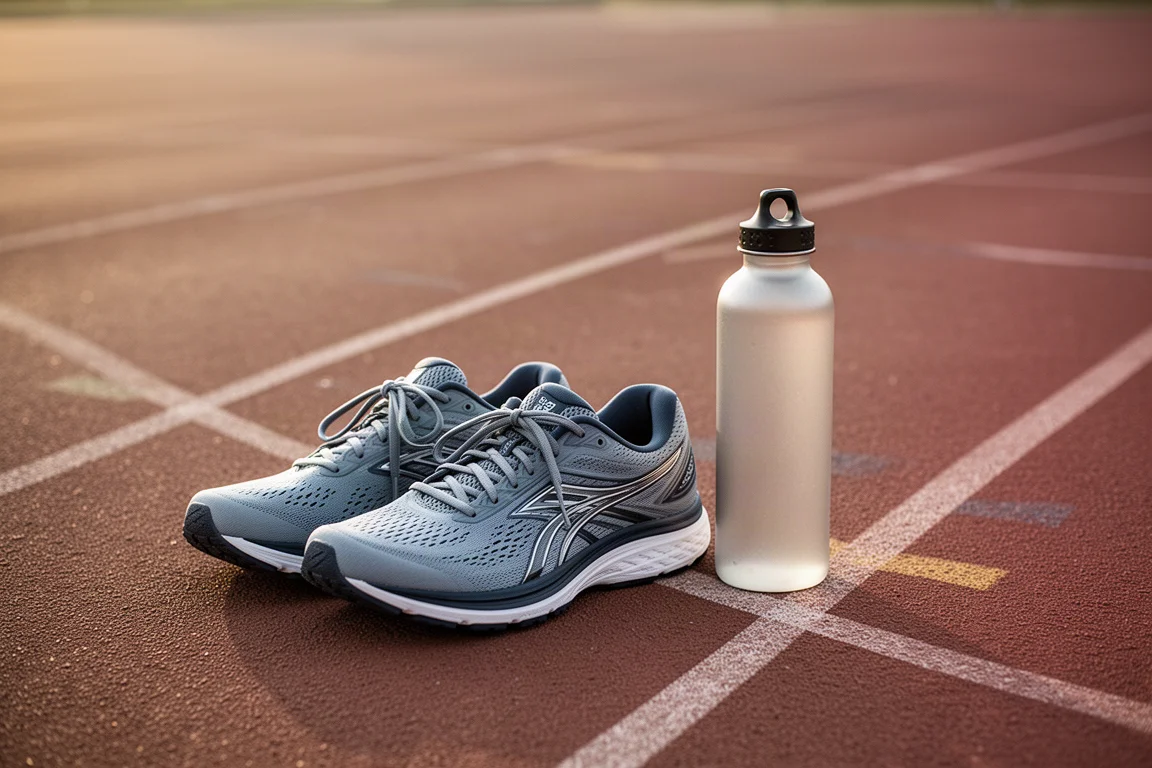 Running shoes resting on a track beside a water bottle after a workout