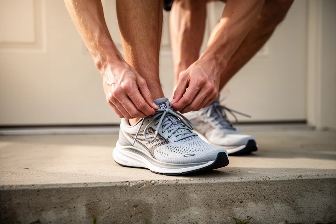 Runner tying the laces of a running shoe on a doorstep before a long run
