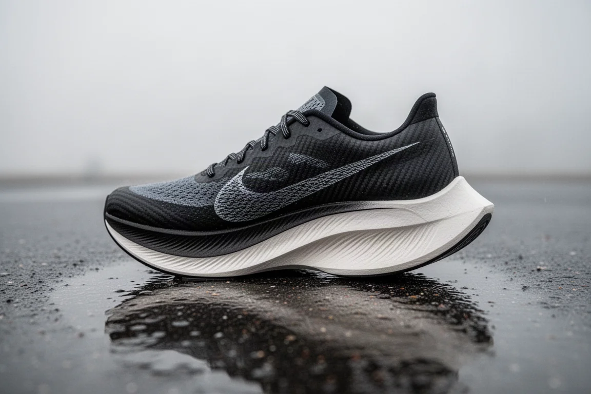 Scarpa da running con piastra in carbonio appoggiata su asfalto bagnato con profilo rocker curvo