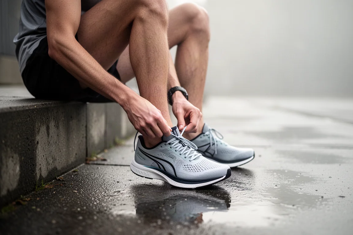 Runner che allaccia una scarpa da gara leggera su una soglia prima di una corsa mattutina bagnata