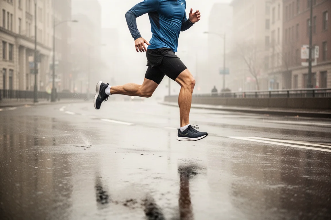 Runner lungo una strada cittadina bagnata al ritmo tempo nella luce morbida del mattino