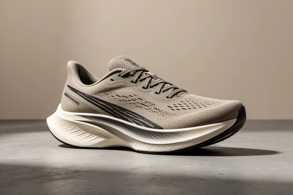 Carbon-plated running shoe on a matte concrete surface in soft studio light