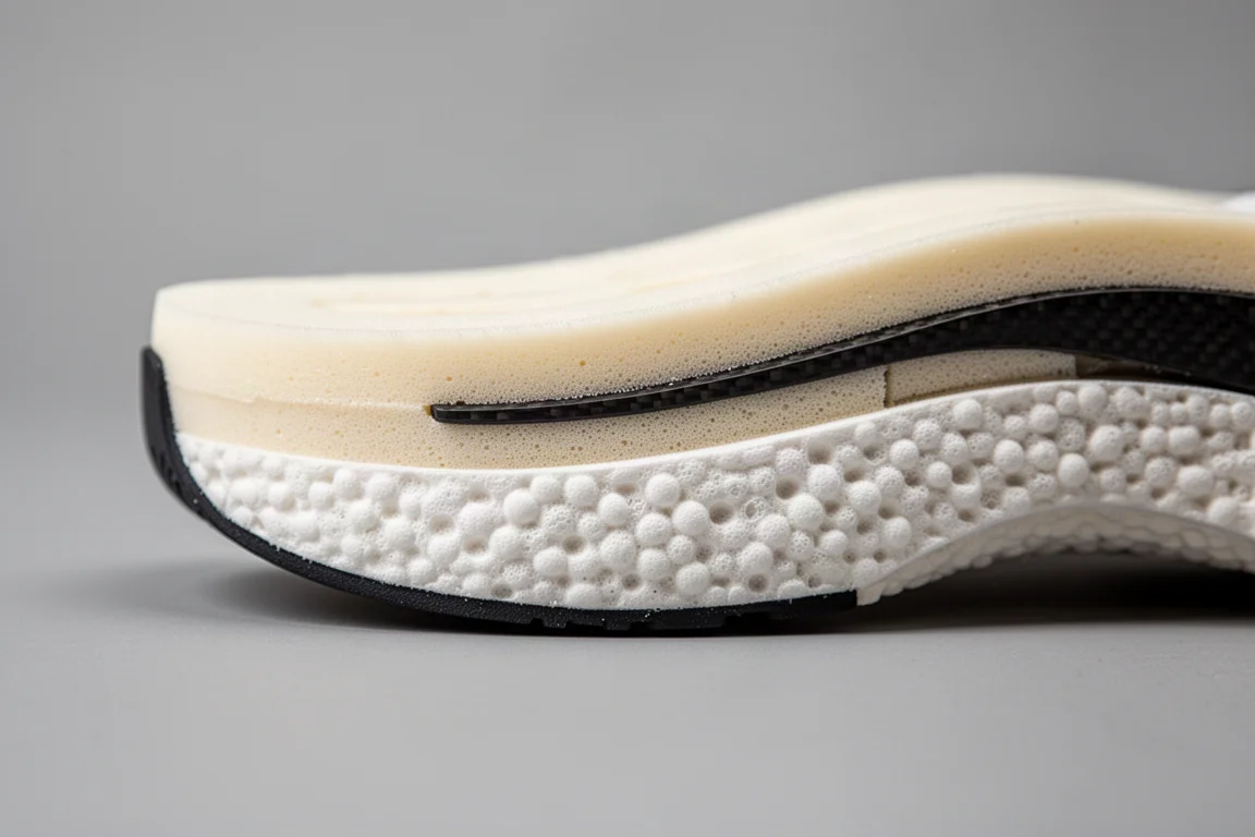 Primer plano de la mediasuela de doble espuma en capas de una zapatilla de running con capas de espuma blanca suave y amarillo pálido