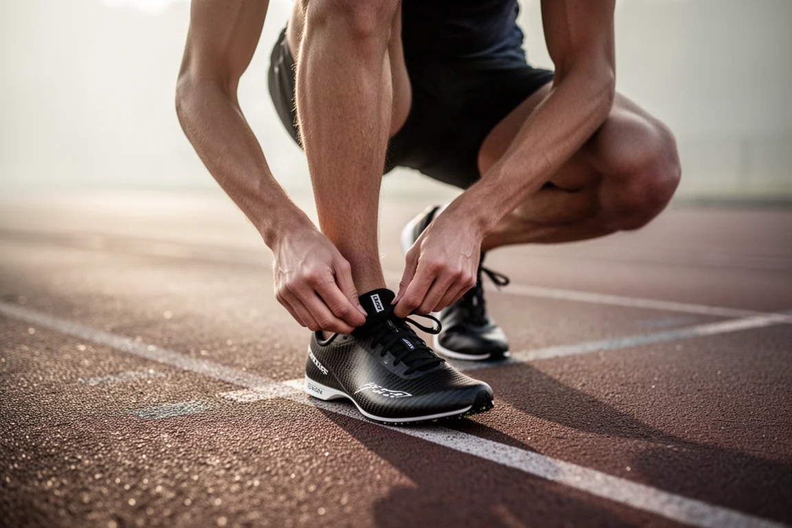 Un coureur lacçant une chaussure de course à plaque carbone sur une piste à la lumière du matin