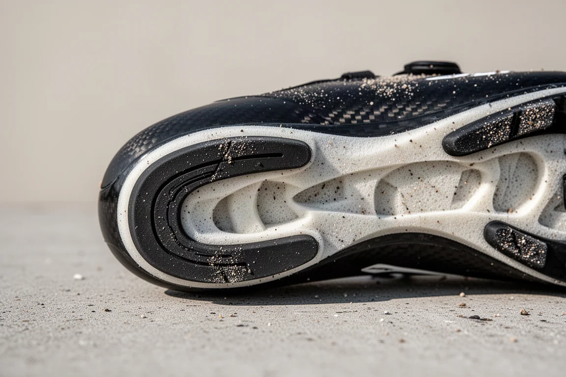 Gros plan sur la semelle extérieure d'une chaussure de course montrant l'usure du caoutchouc du talon