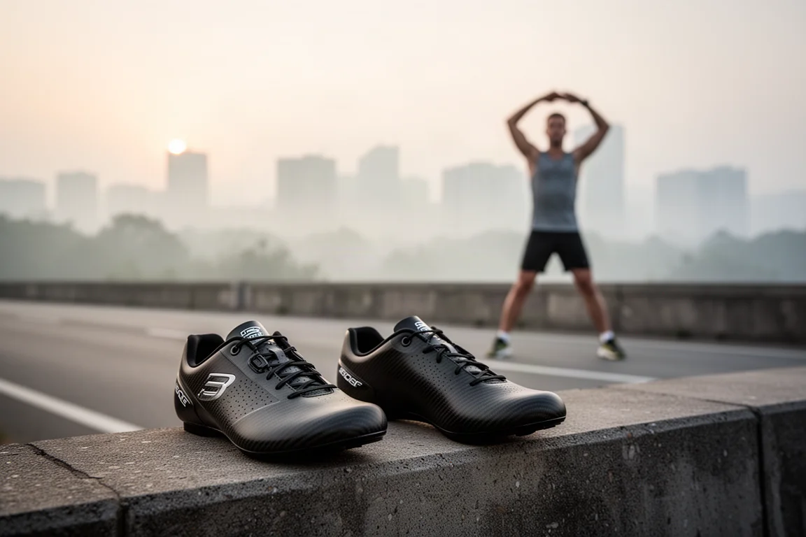Un coureur s'étirant à côté d'une paire de chaussures de course avant une longue sortie
