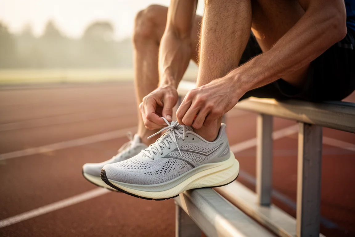 Läufer schnürt auf einer Laufbahn leichte Wettkampfschuhe vor einer schnellen Einheit