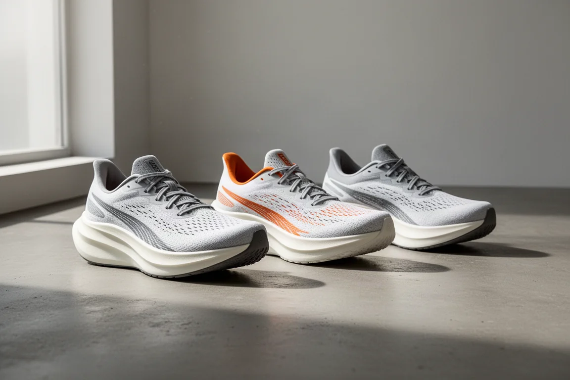 Three generations of racing shoes with thick midsoles lined up on concrete