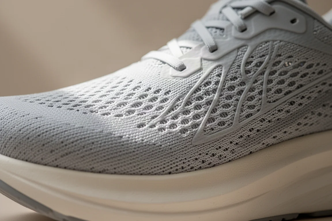 Close do cabedal de mesh leve em um tênis de competição para maratona