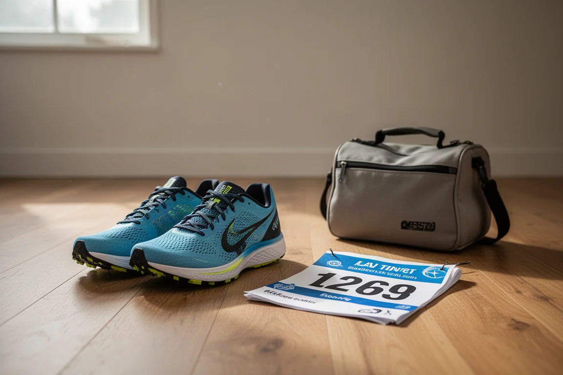 Tênis de corrida alinhados no chão ao lado de um número de prova antes de uma maratona